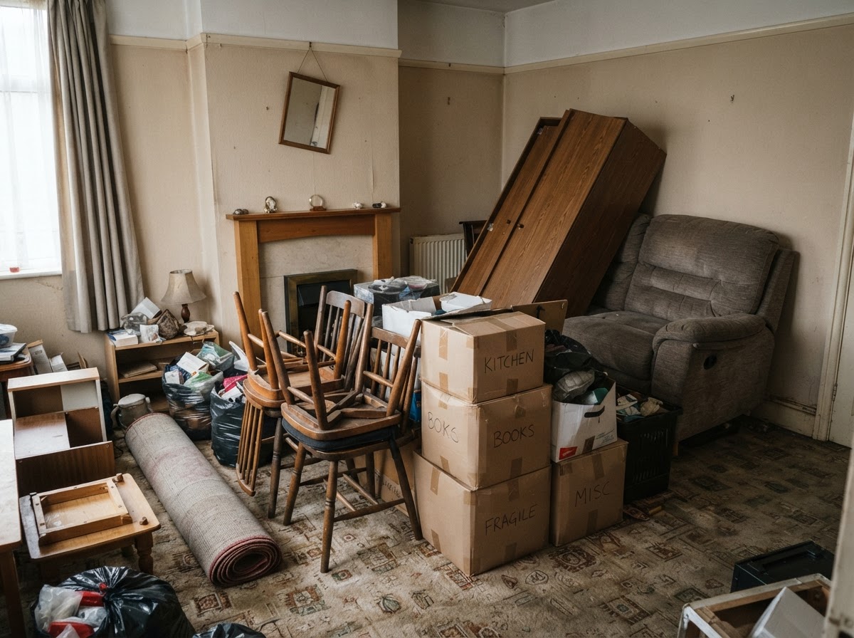 Two clearance workers carefully carrying furniture through a doorway