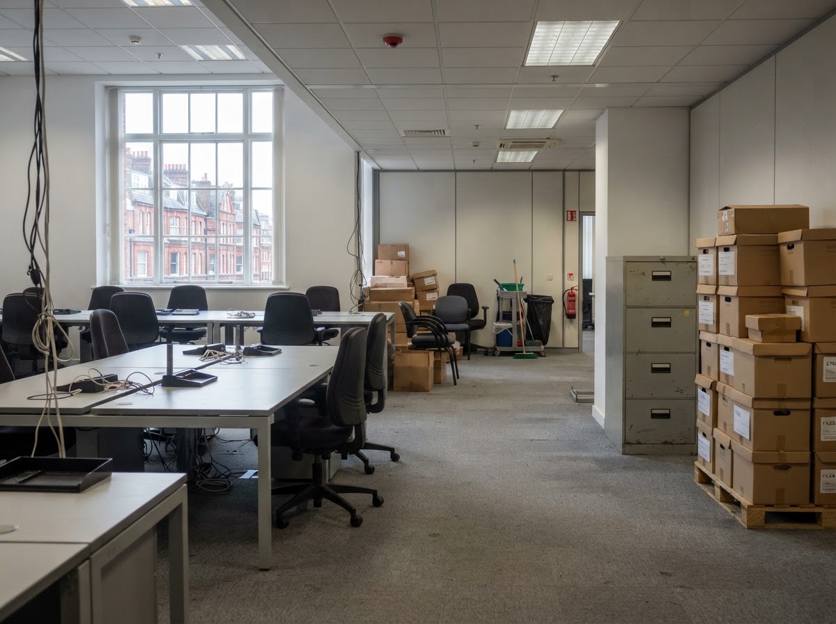 An office interior being cleared of desks, chairs and cabinets