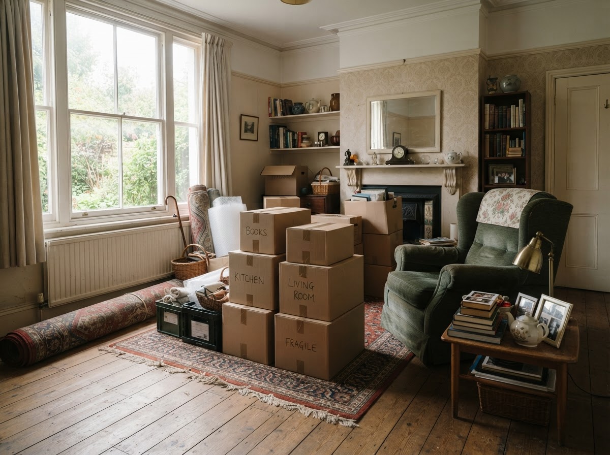 Stacked boxes and furniture gathered in a home being prepared for a move