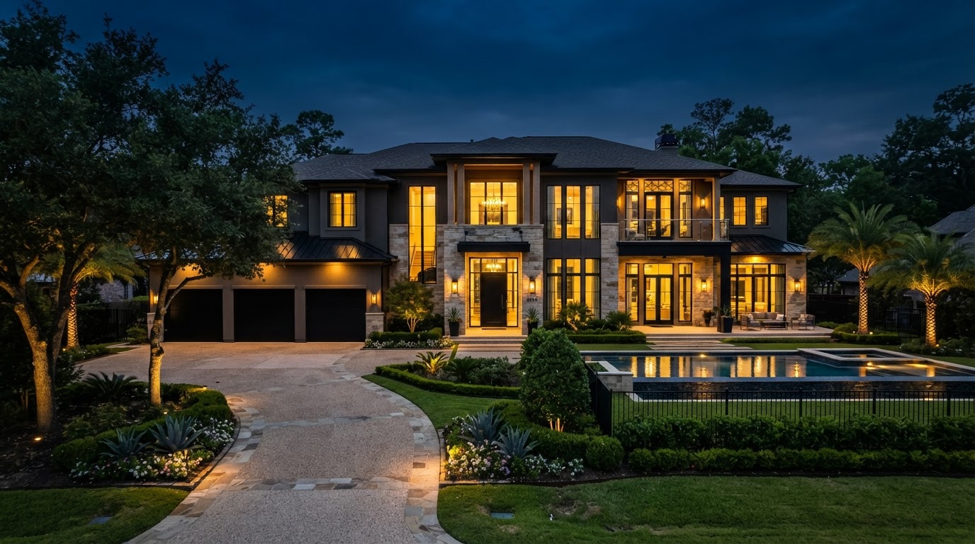 Upscale Houston-area luxury home at dusk — Sharcom Realty Group