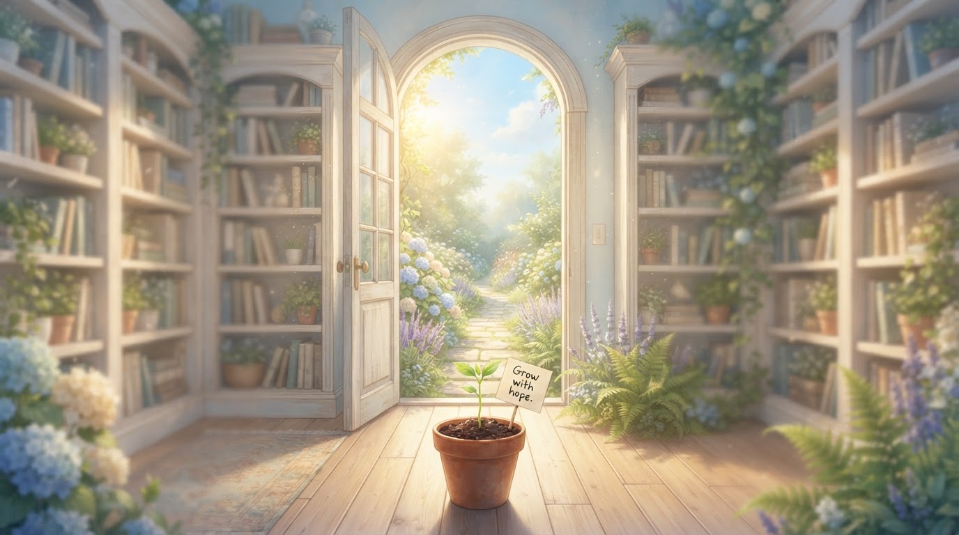 The far side of the library opening onto a garden path with a small seedling