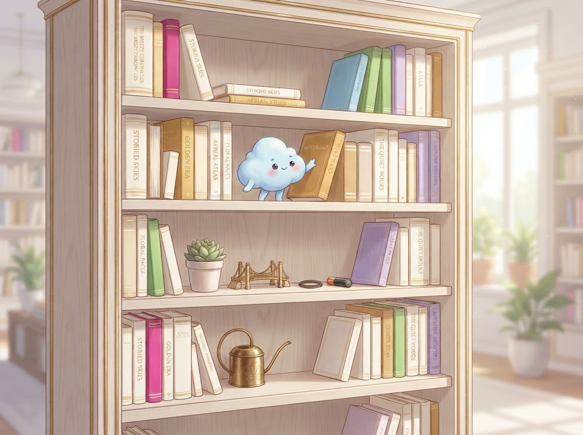 An elegant illustrated bookshelf with colorful books, plants and small objects