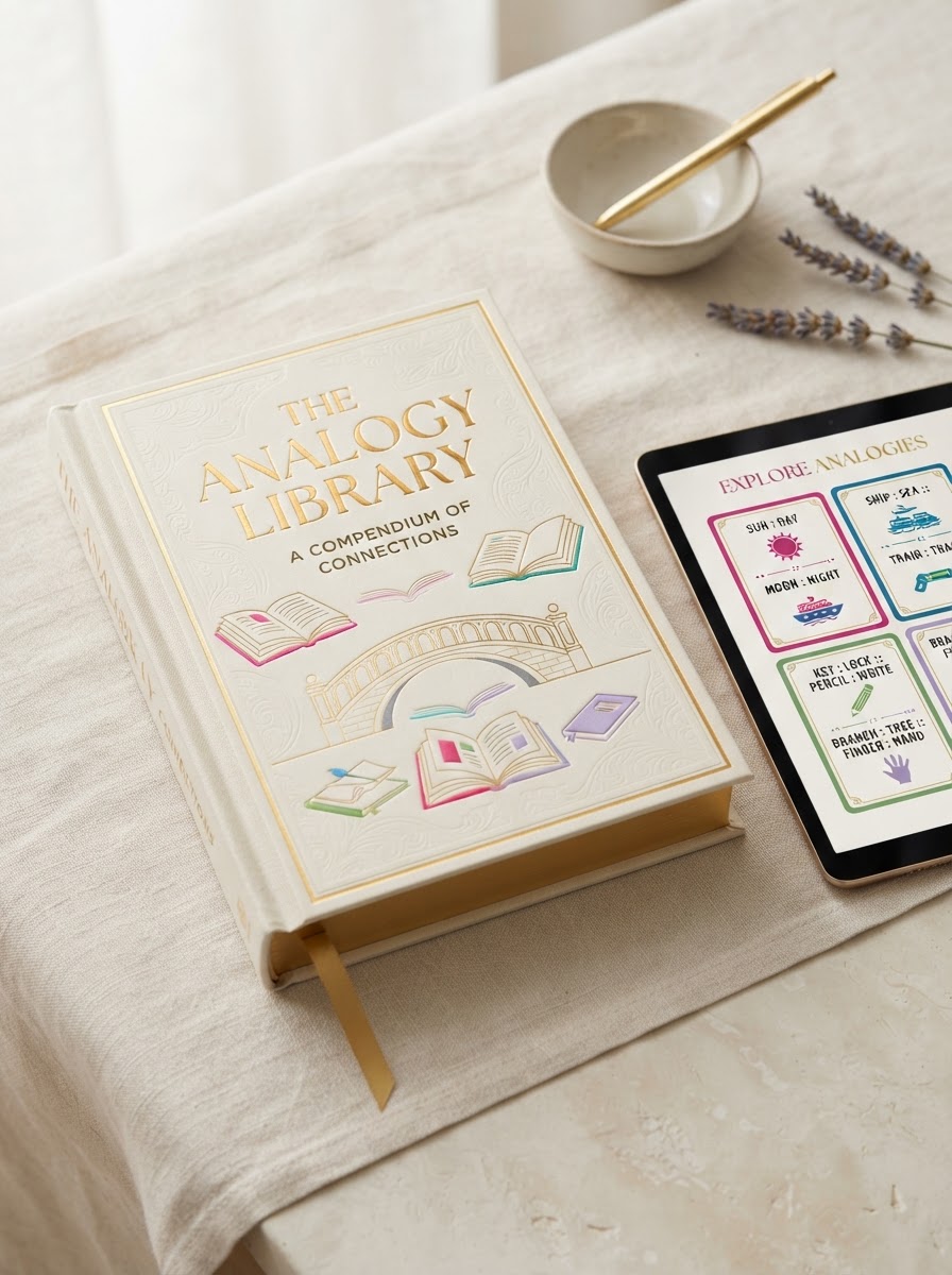 The Analogy Library — book cover with tablet showing analogy cards