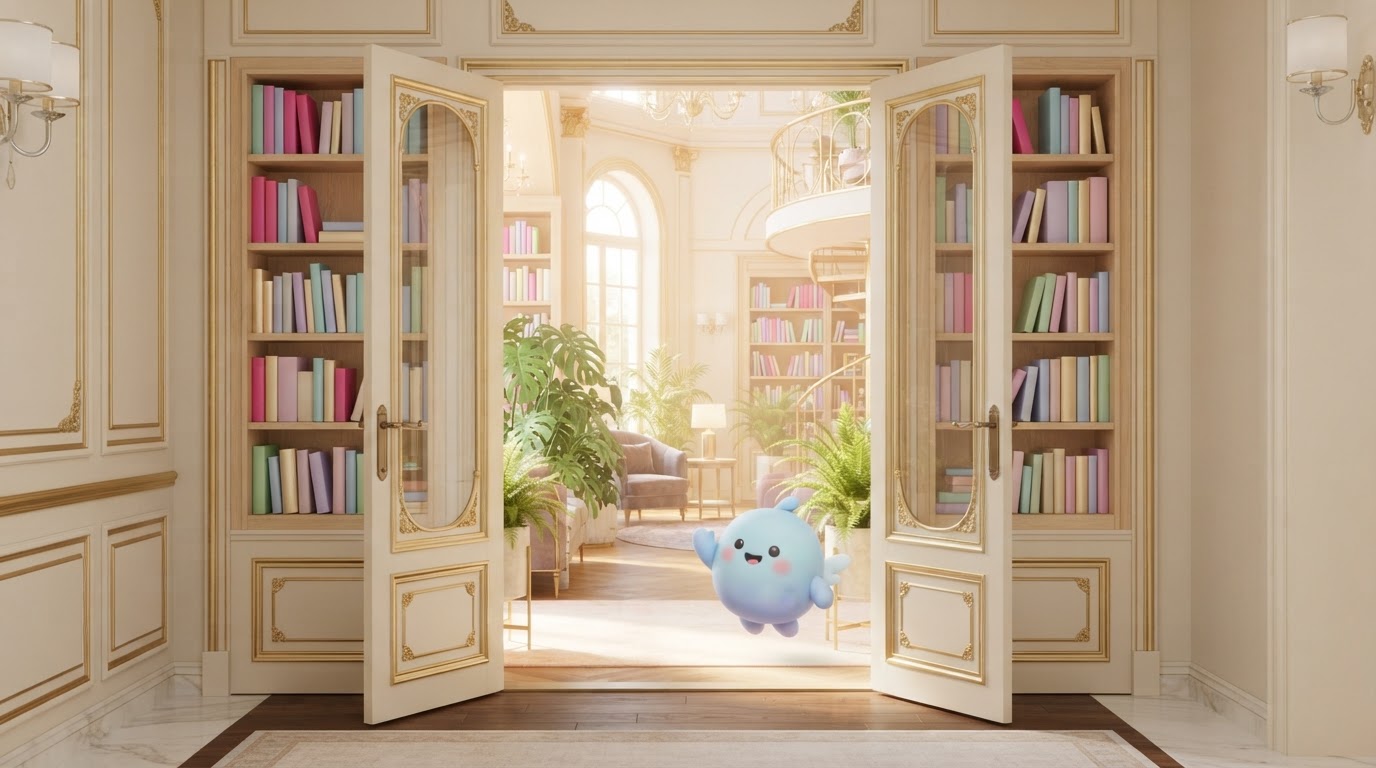 Elegant library doors standing open, warm light spilling into a bright library of colorful books and plants