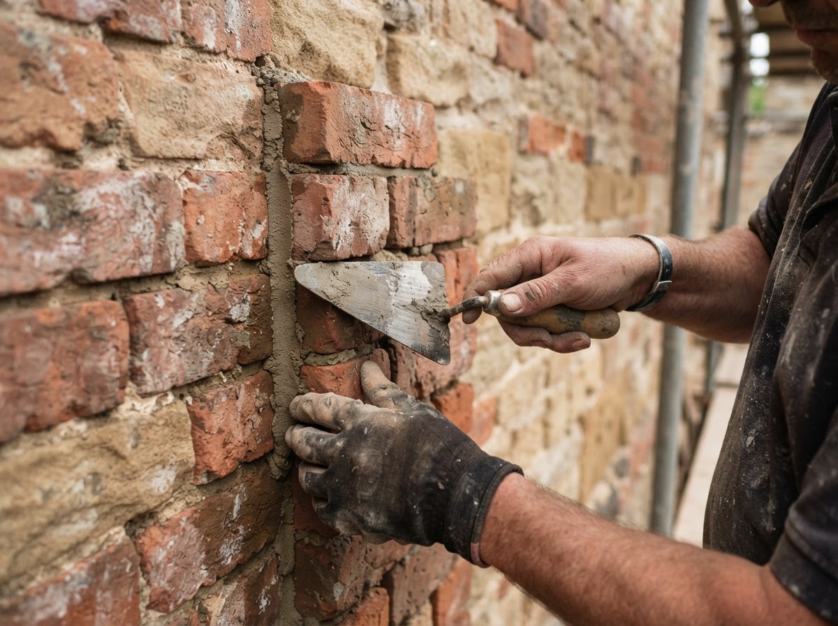 Masonry craftsman restoring brick