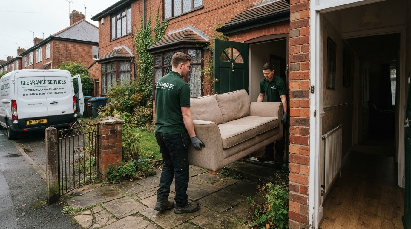 Professional house clearance team carefully removing furniture from a Shenstone property