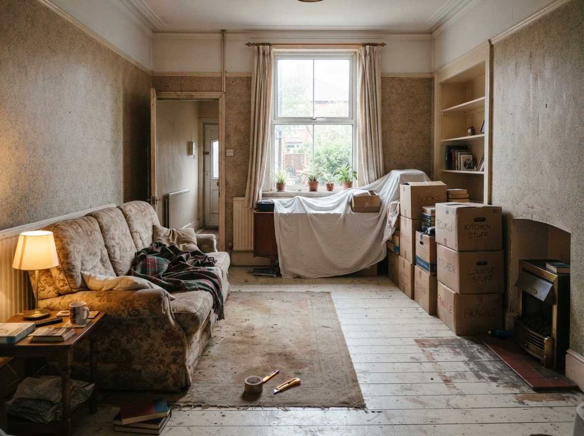 A partially cleared British living room assessed before a clearance is booked