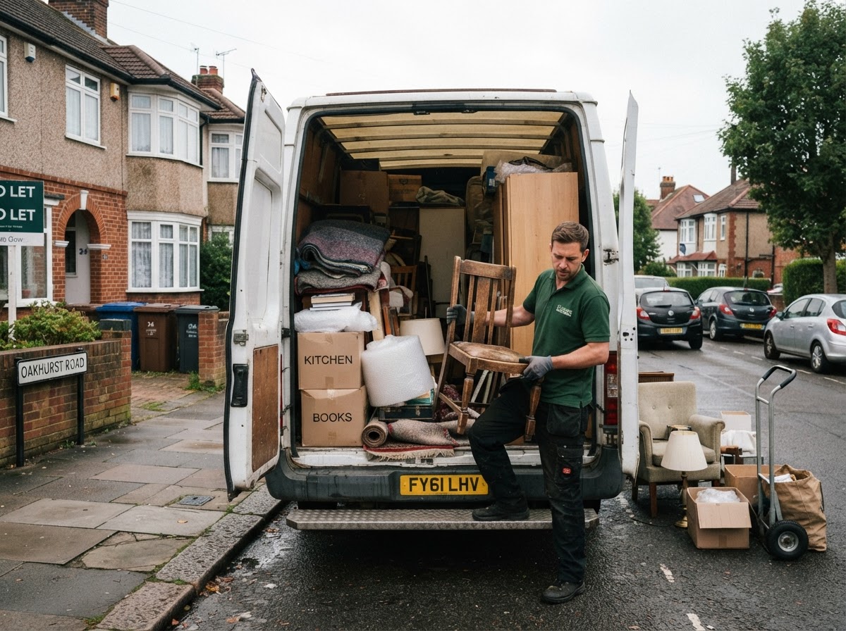 Furniture being loaded into the rear of a clearance van