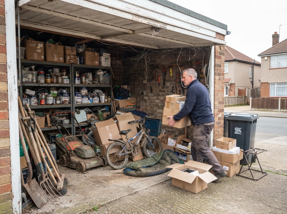 A garage full of stored tools and boxes being cleared