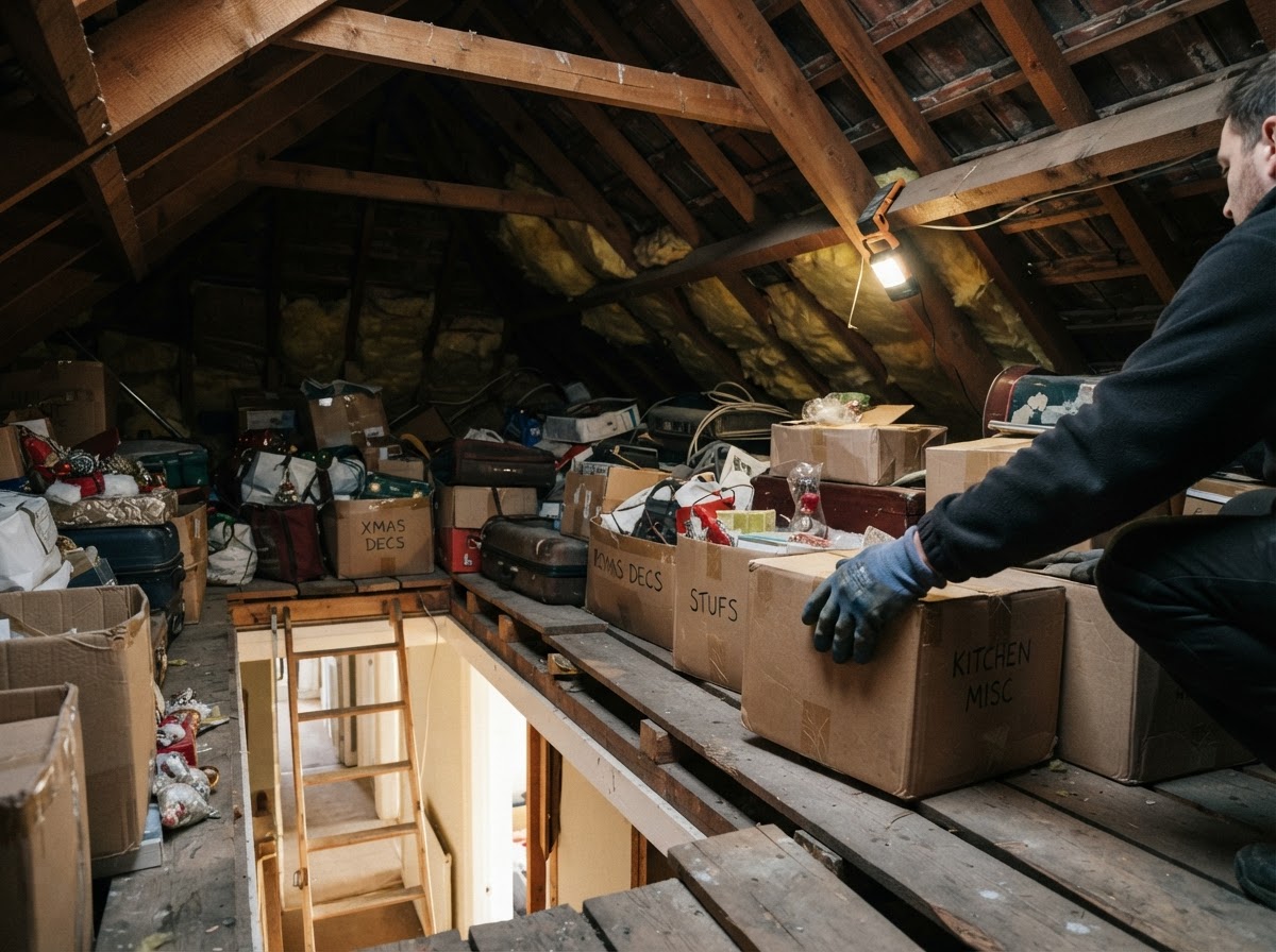 Boxes and stored decorations in a loft being cleared