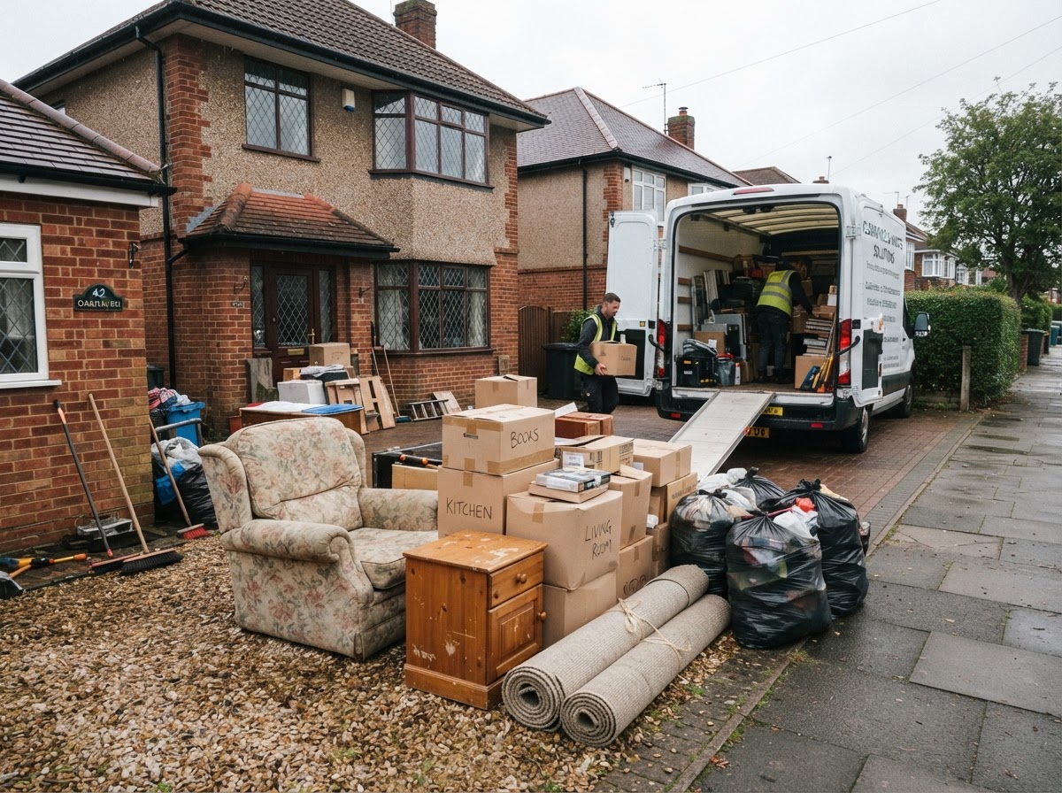 Household furniture and boxes stacked in a driveway before a move
