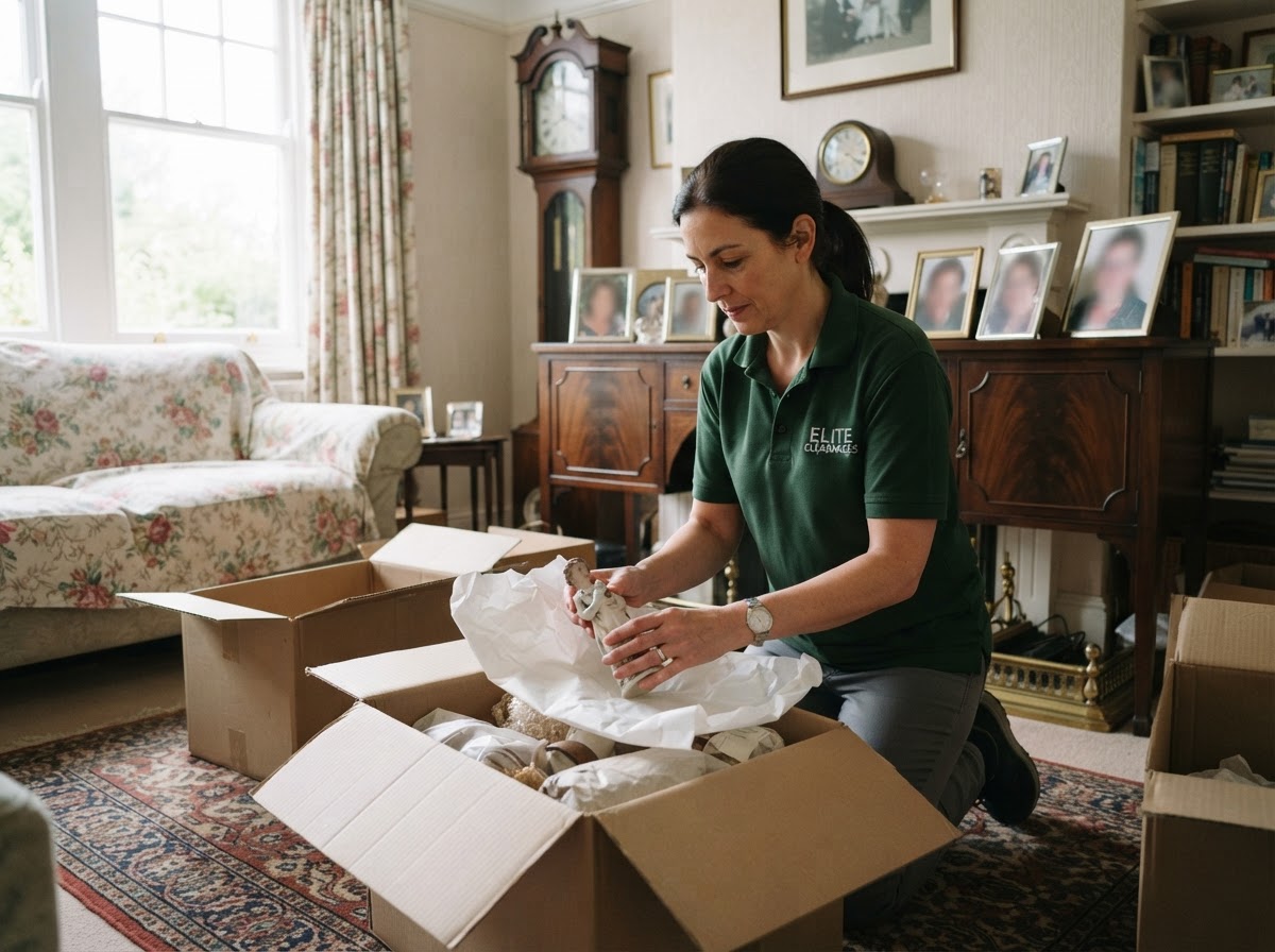 Carefully sorted household belongings during an inherited property clearance