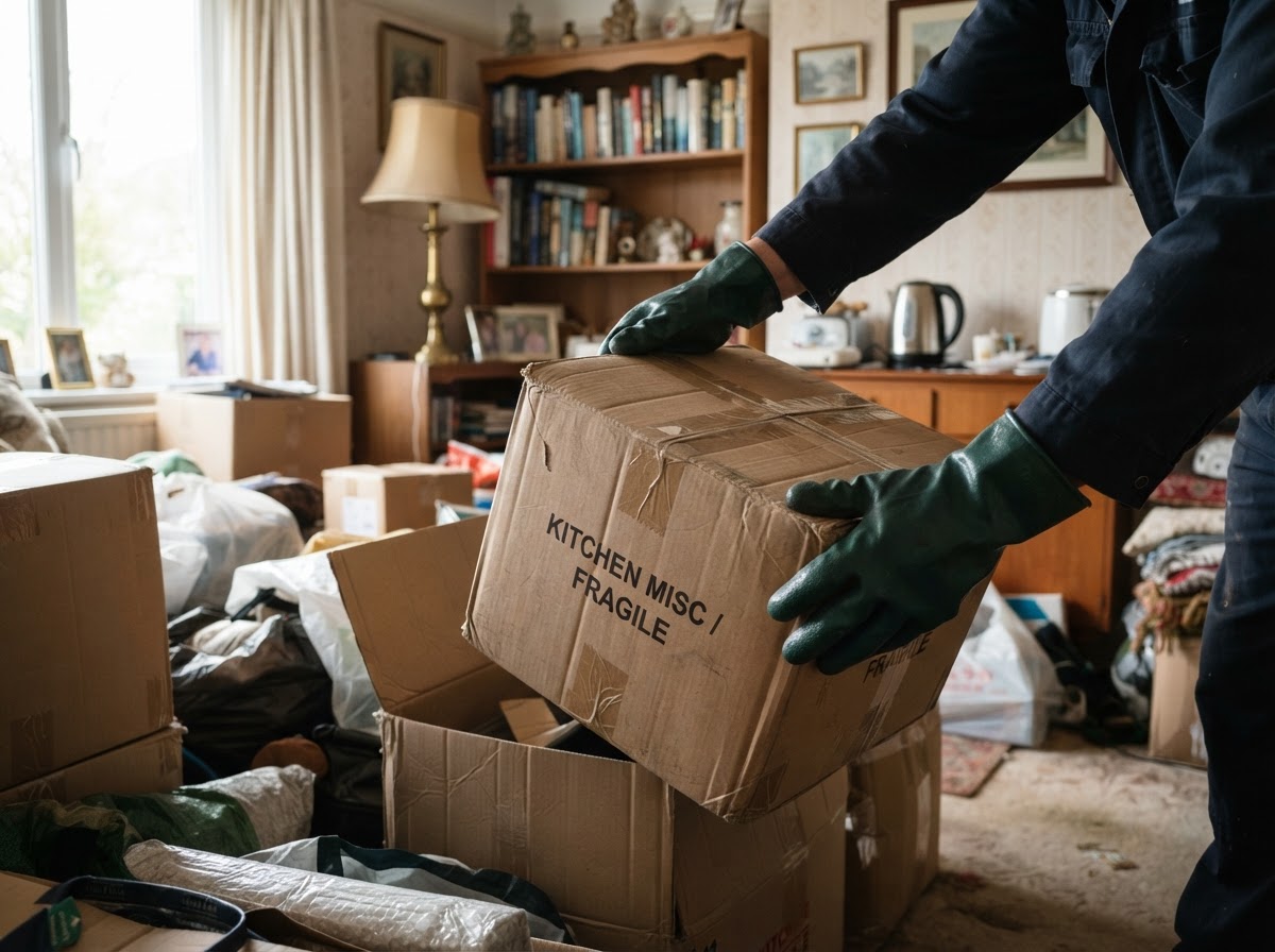 Gloved hands lifting a box of household belongings during a clearance