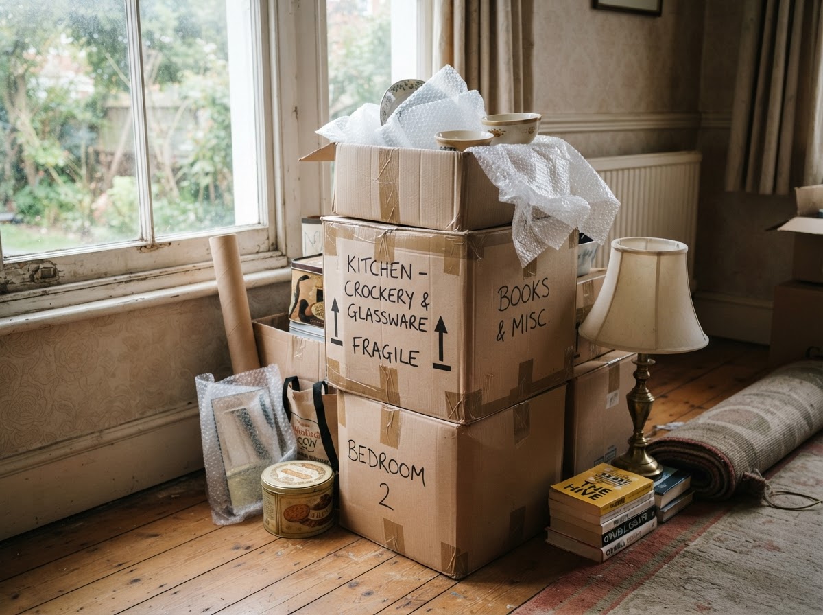 Sorted boxes and wrapped household items ready to be removed