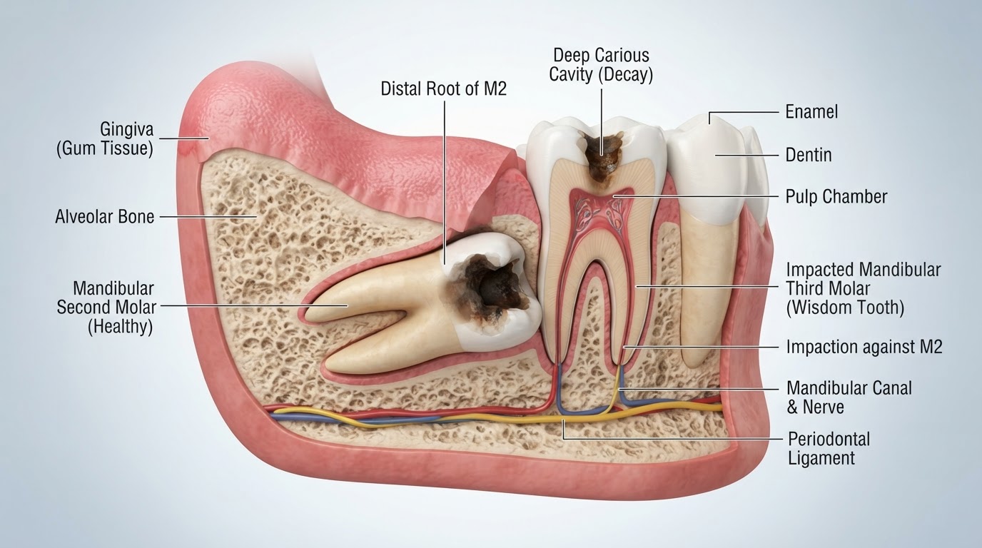 Wisdom tooth cavity and decay clinical illustration Creekside Oral Surgery