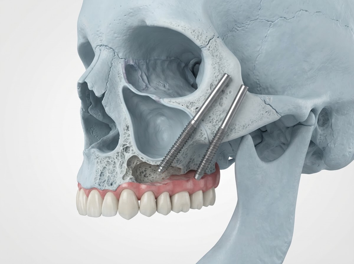 3D medical diagram of zygomatic implants anchored in cheekbone