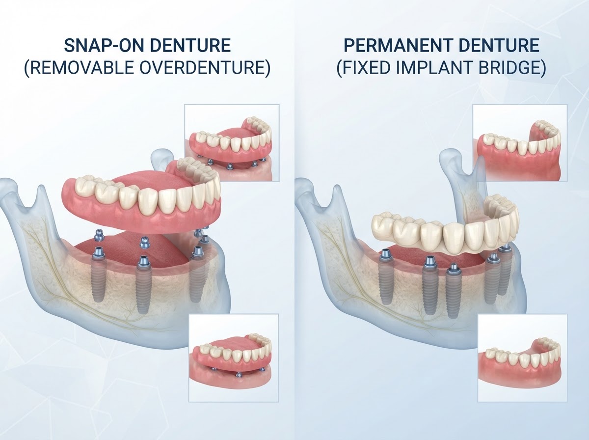 Snap on dentures vs permanent dentures comparison