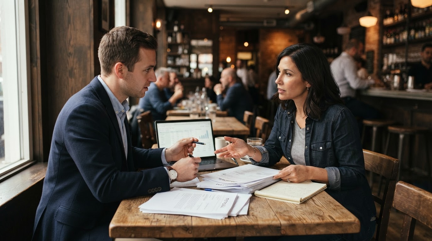 Independent restaurant owner discussing a financial proposal with a consultant across a restaurant table