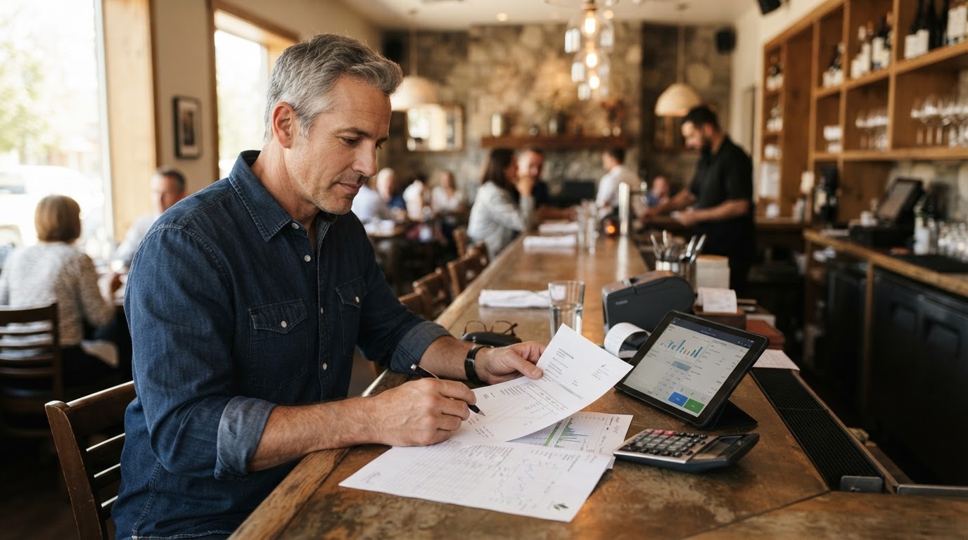 Independent restaurant owner reviewing a POS proposal and financial paperwork at a modern restaurant counter