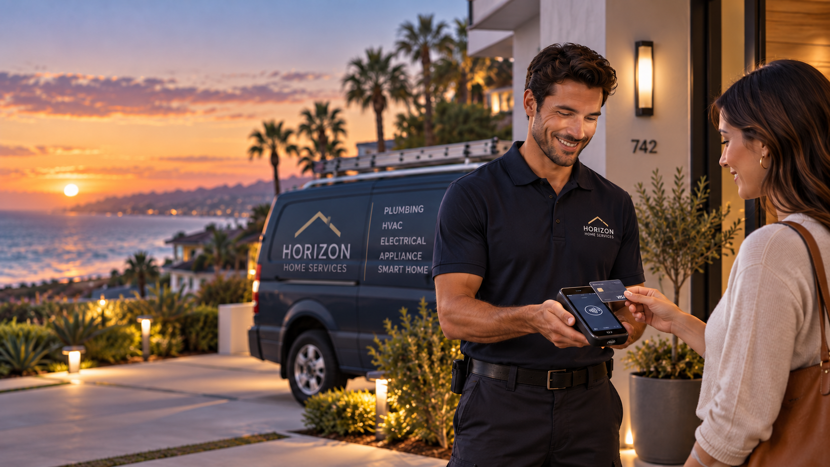 Home service technician accepting contactless payment from homeowner on handheld smart terminal