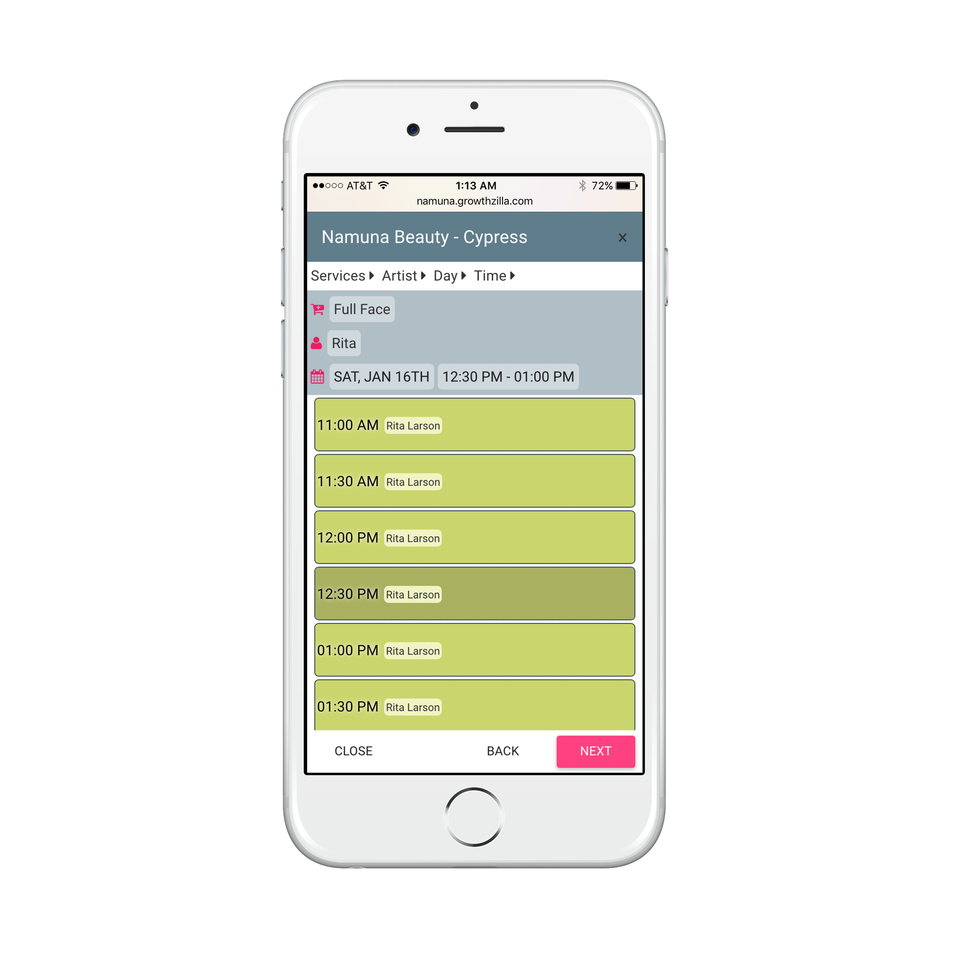 Customer-facing Growthzilla online mobile booking interface