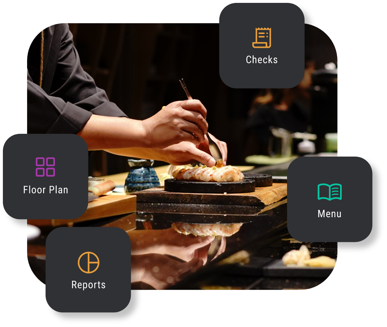 SALIDO Service & Checks showing floor plan, checks, menu, and reporting badges over a restaurant preparation counter