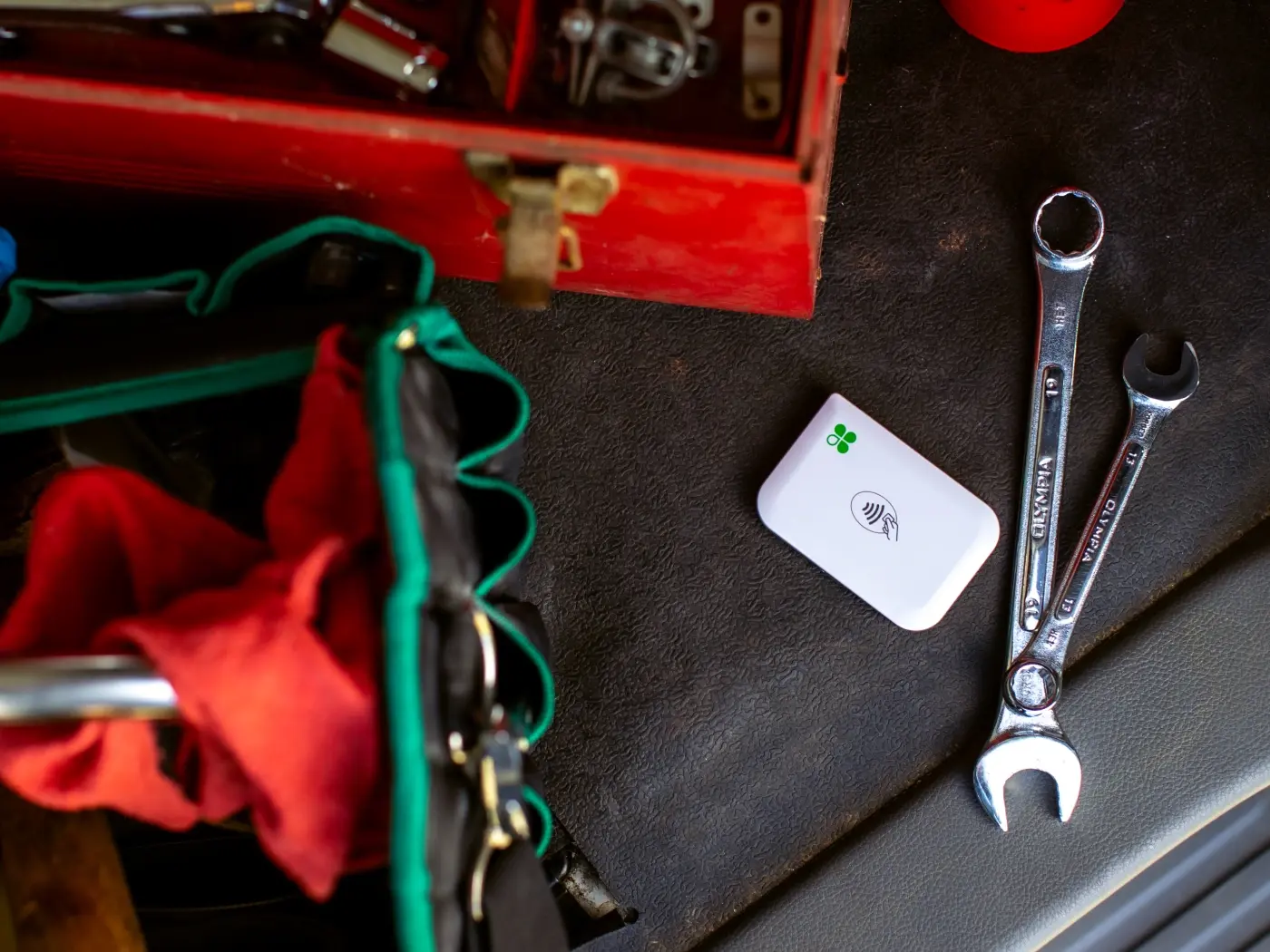 Clover Go card reader in a field service toolbox