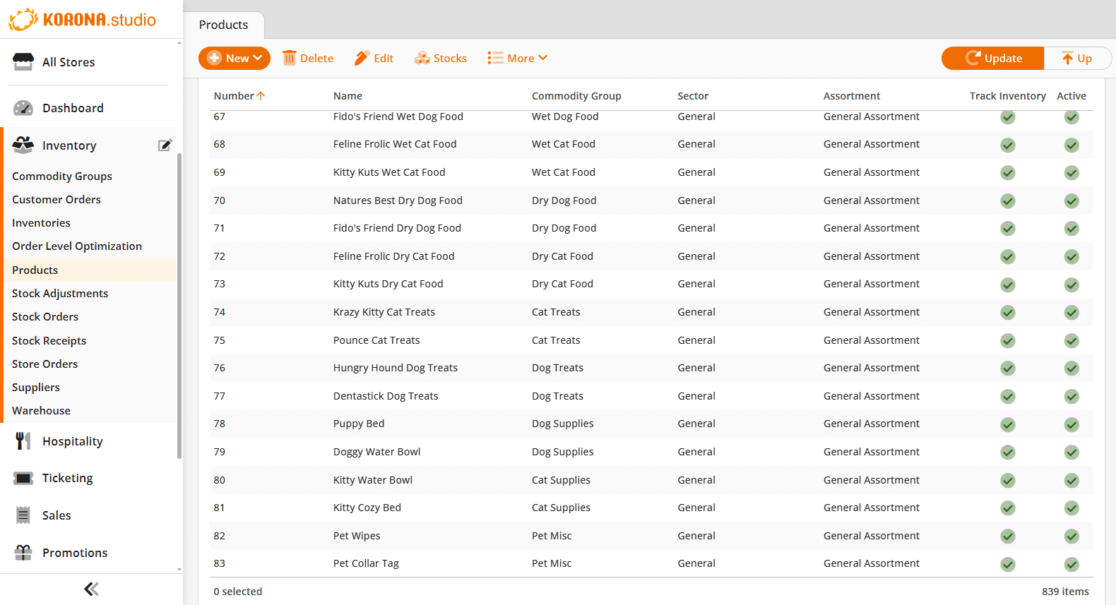 KORONA Studio inventory, purchasing and reporting interface