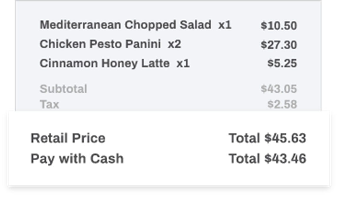 PayAnywhere dual price display showing retail credit price and cash price totals on sale screen