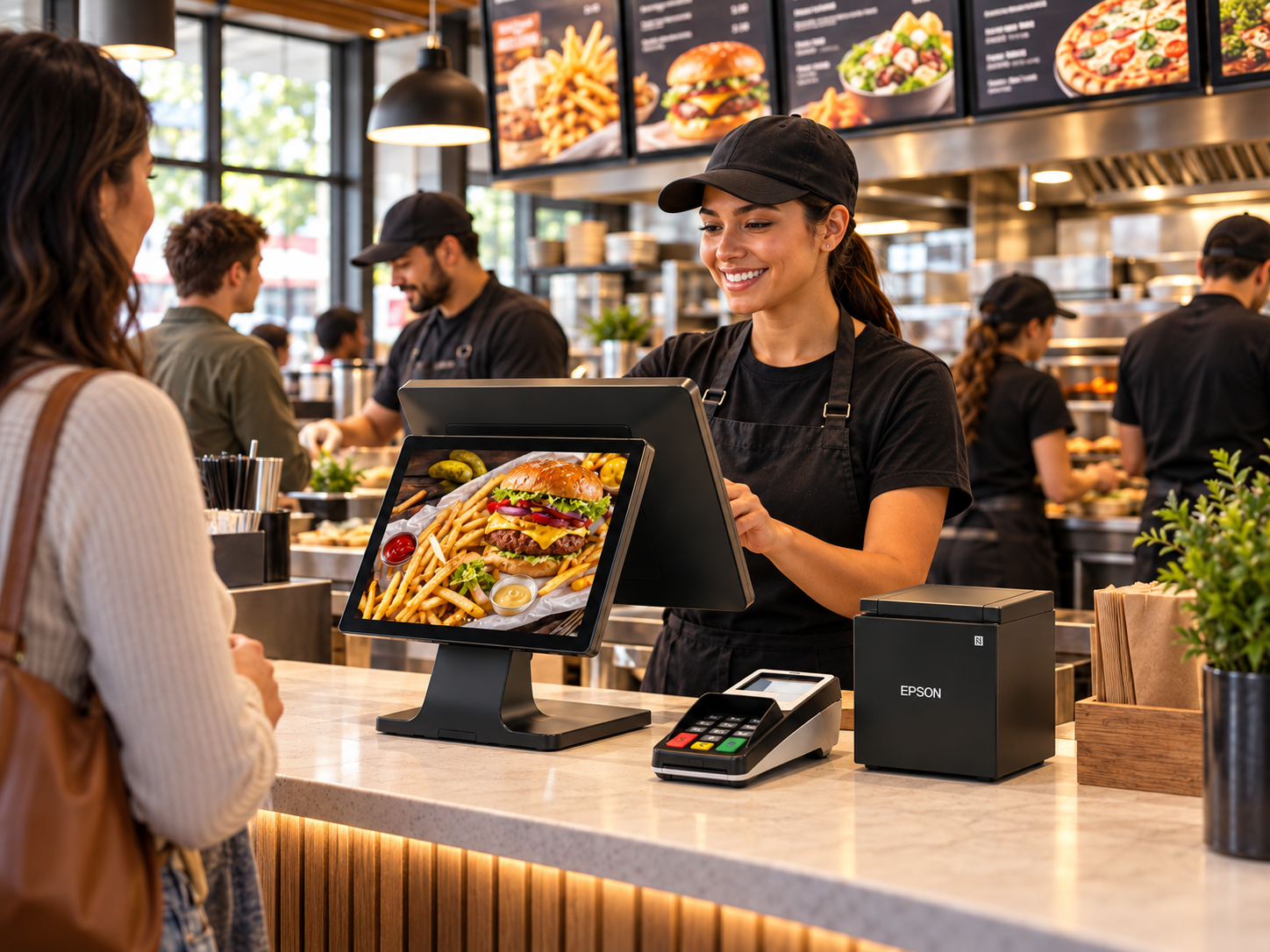 TableTurn quick-service POS station with customer-facing display and cashier checkout in a busy restaurant