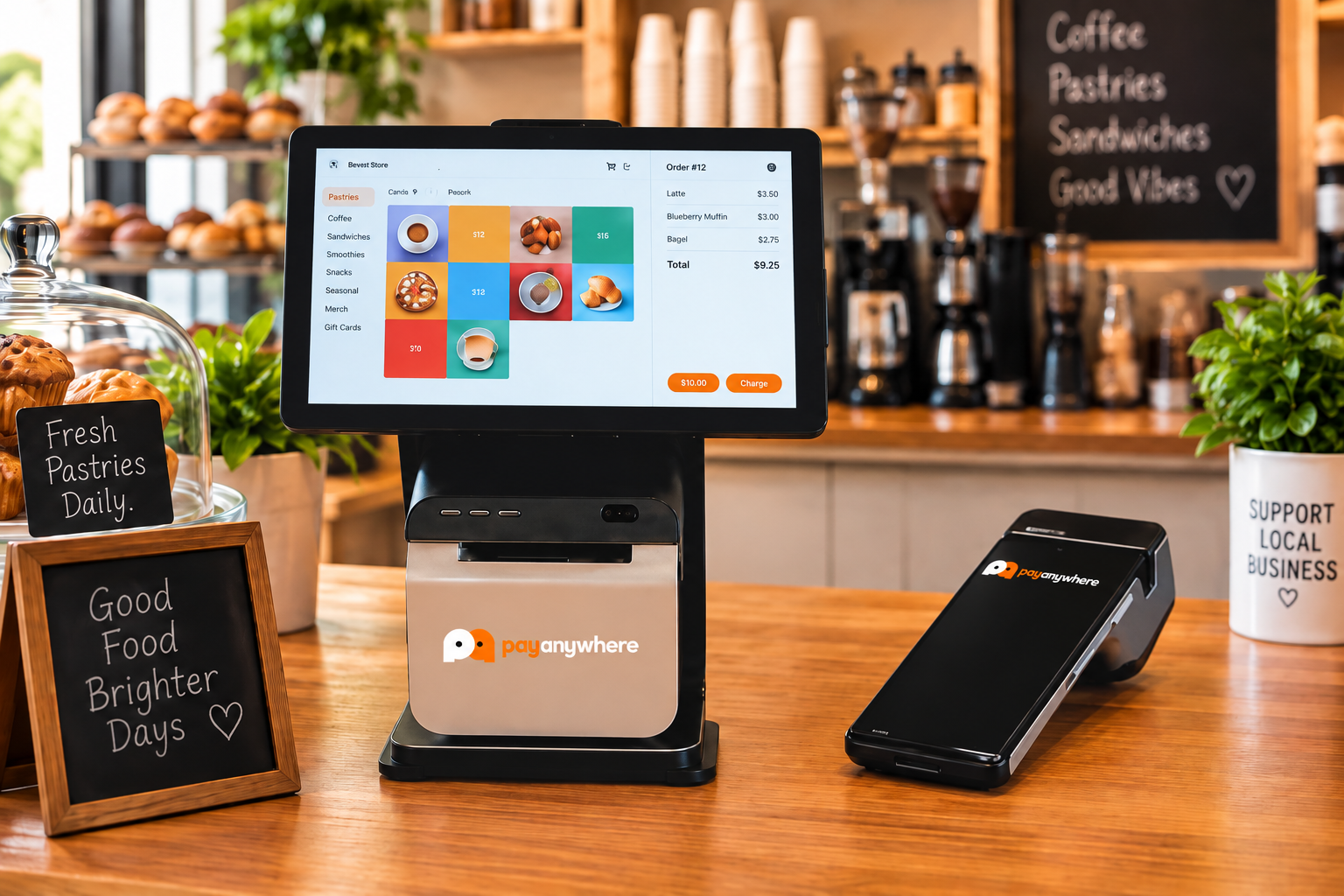 PayAnywhere countertop point-of-sale system and handheld smart payment terminal in a bakery café