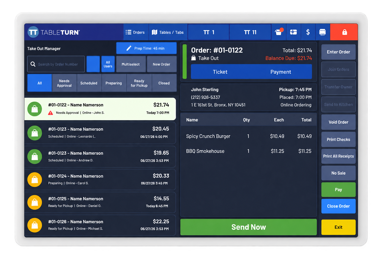 TableTurn takeout and order management interface