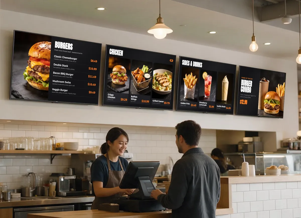 KwickSIGN digital menu boards in a restaurant
