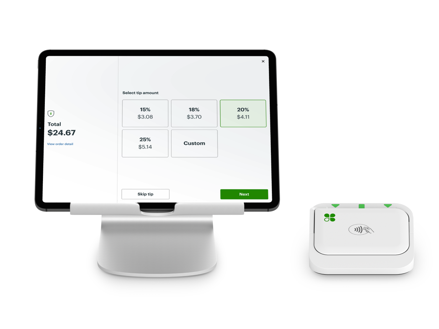 Clover Go card reader paired with customer-facing tablet POS setup