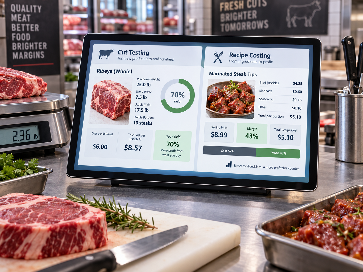 Cut testing and recipe costing software showing yield and food-cost analysis