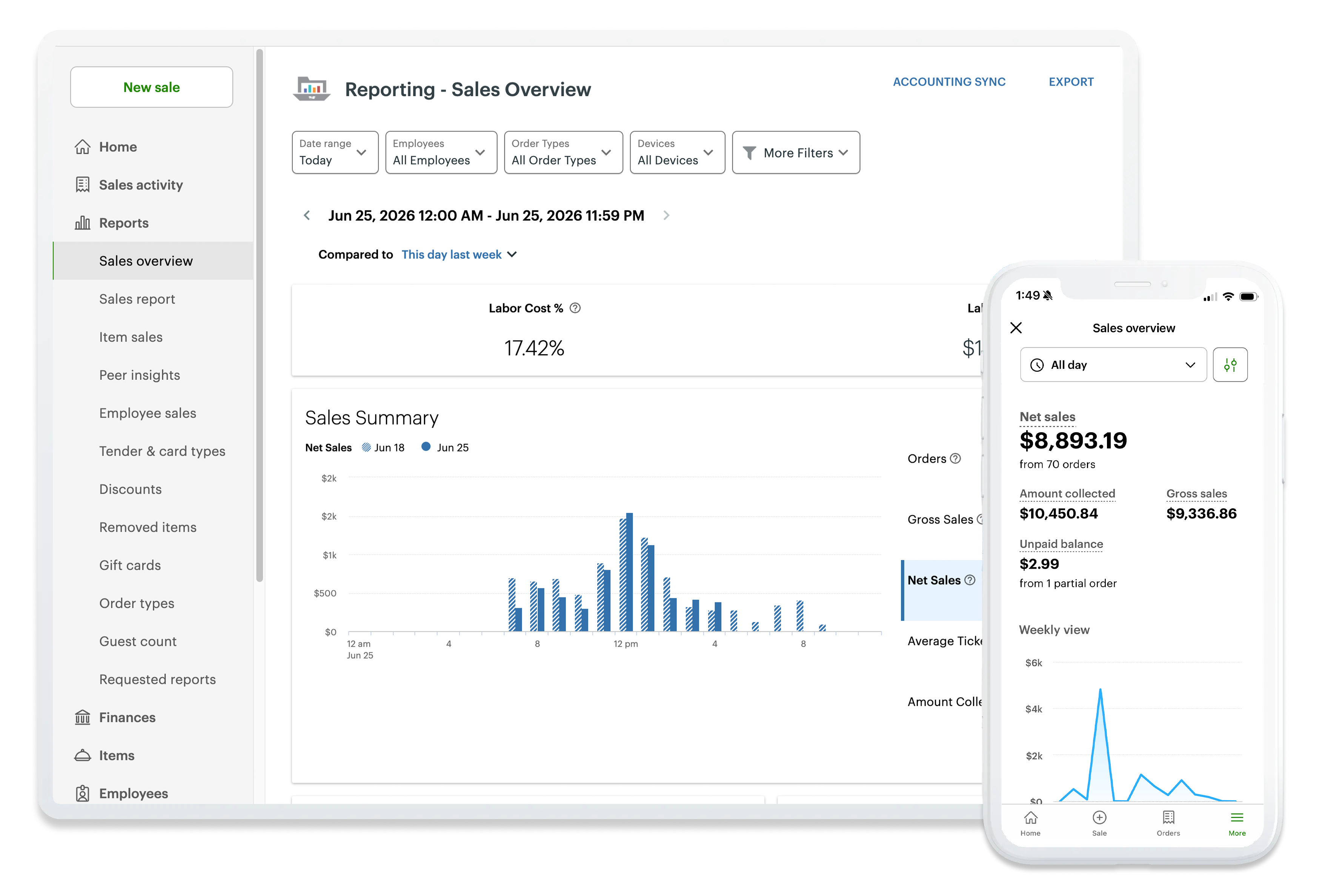Clover reporting and sales overview dashboard on web and mobile