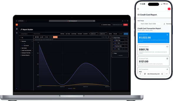 Nuclear POS back office analytics dashboard on laptop with credit card settlement report on smartphone