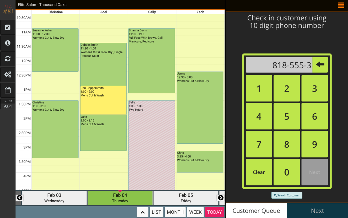 Growthzilla staff scheduling calendar and customer check-in keypad interface