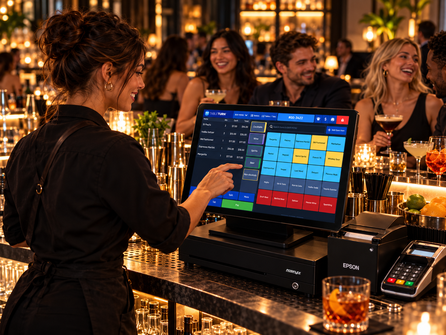 TableTurn POS terminal displaying active bar menu, cocktail quick-picks and open tabs during high-volume bar service