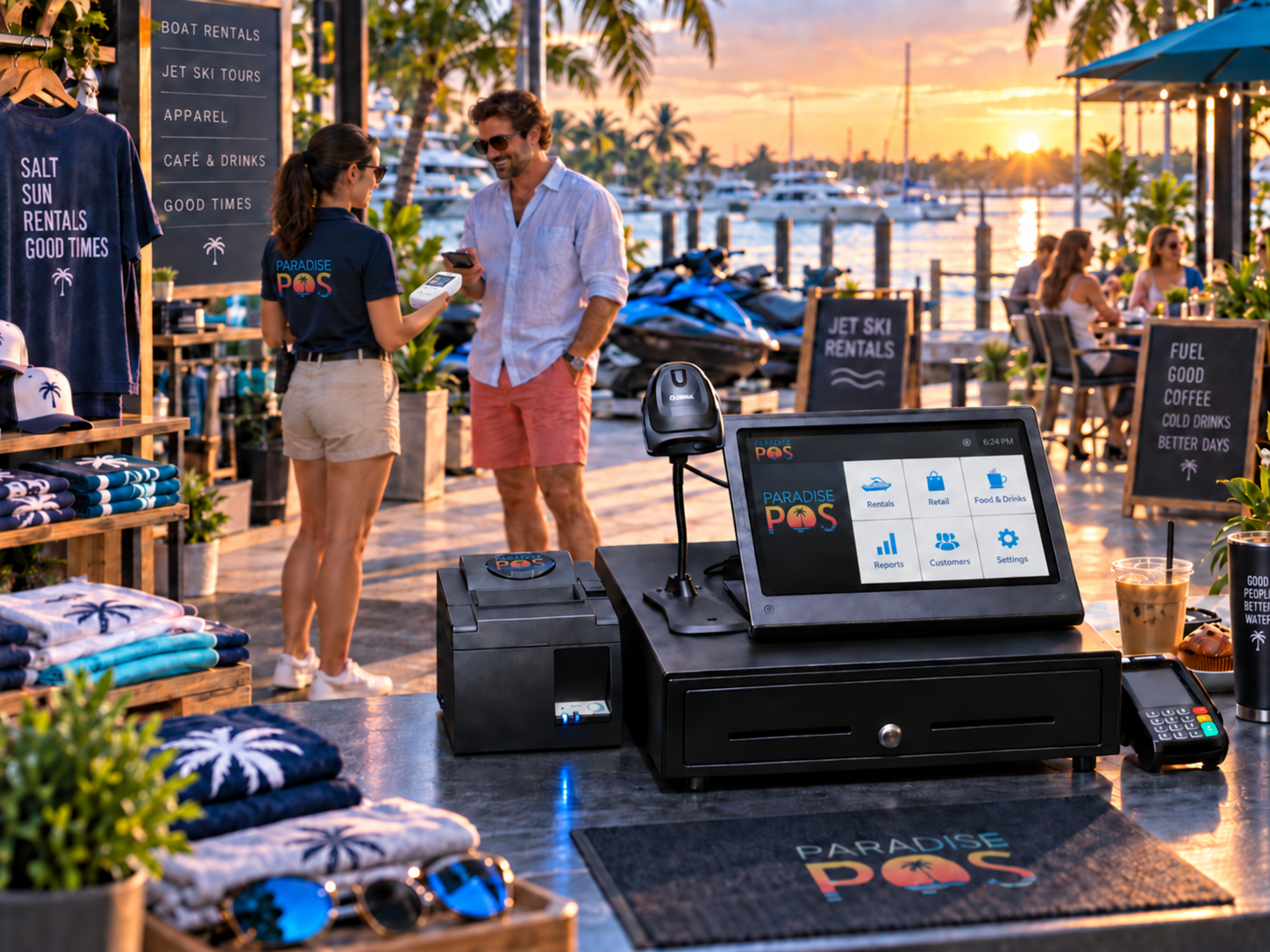 Paradise POS system in a hybrid retail, rental, and food service setup