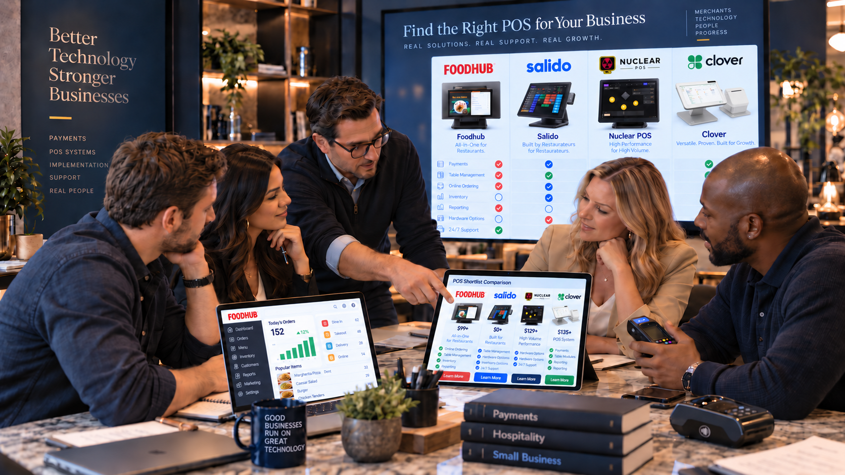 A collaborative team of POS and payments specialists reviewing technology options together in a modern workspace