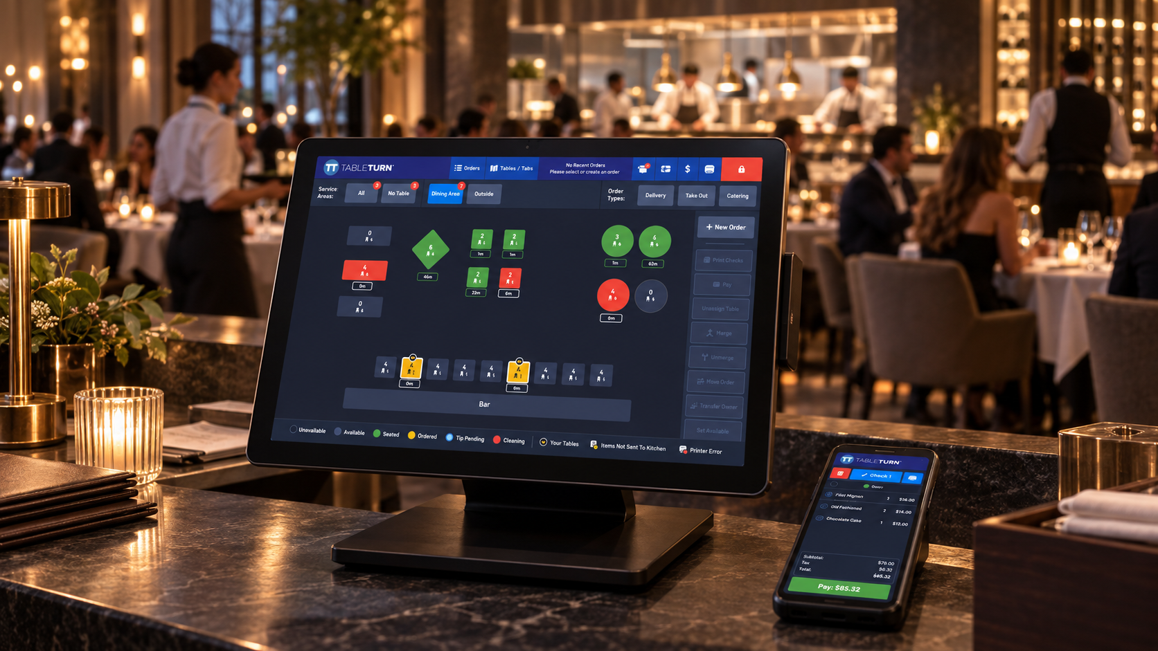 TableTurn restaurant POS terminal and handheld display in a modern dining room