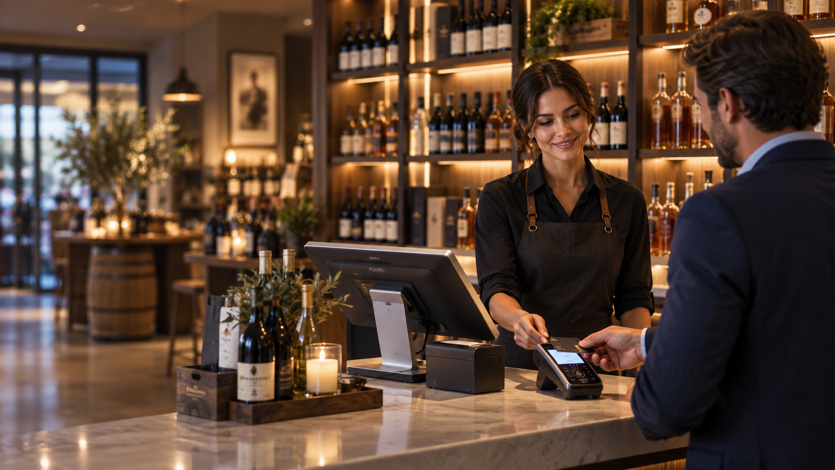 Retail cashier assisting customer with card checkout at modern countertop POS workstation