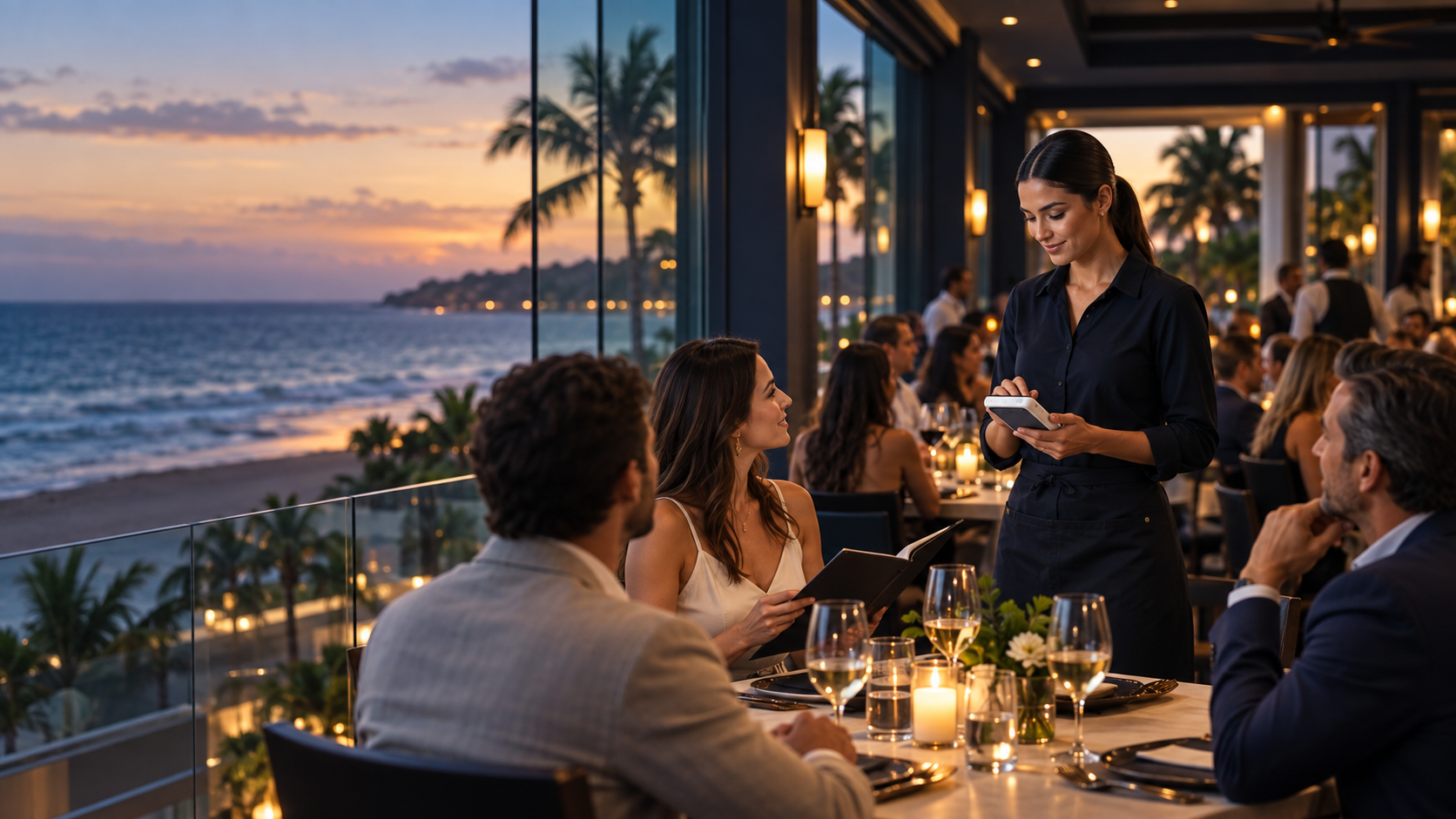 Server taking orders tableside with handheld terminal at an upscale seaside restaurant