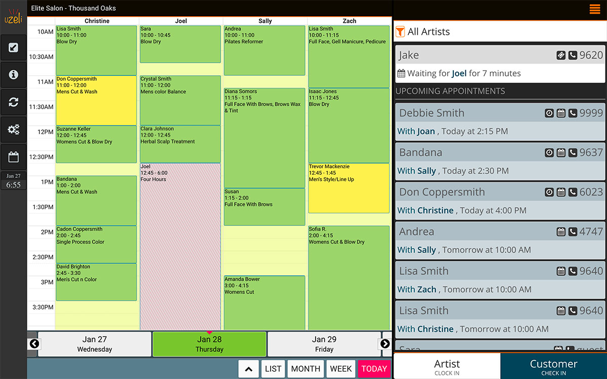 Growthzilla salon appointment scheduling calendar showing stylists, time blocks and client appointments