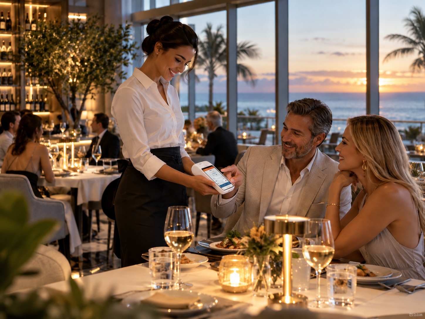 Server using handheld terminal tableside at an upscale coastal dining restaurant
