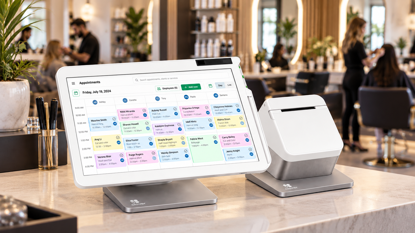 Clover Station POS displaying salon appointments and staff scheduling at reception