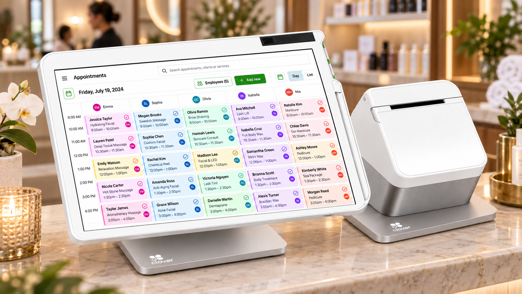Clover Station POS displaying spa appointments and staff scheduling with Clover printer