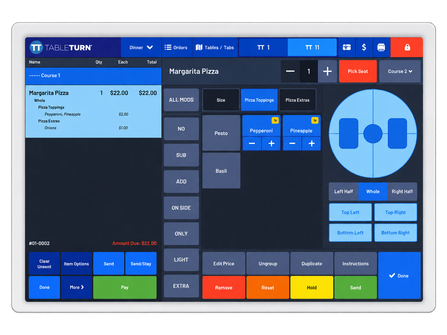TableTurn visual pizza builder interface showing Margarita pizza toppings, portions and controls