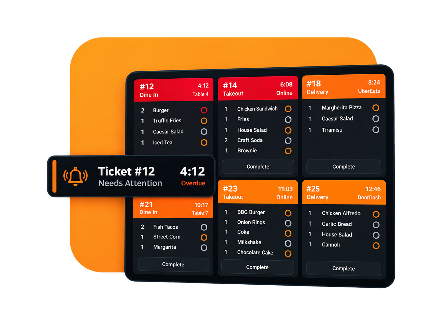 SALIDO kitchen display system showing all-day view and takeout order queues